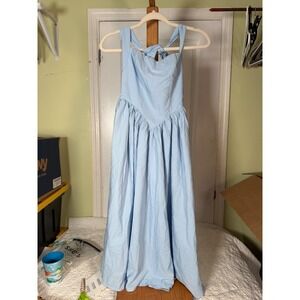 Parthea Light Blue Basque Waist Tie Back Smocked Midi Dress XS New